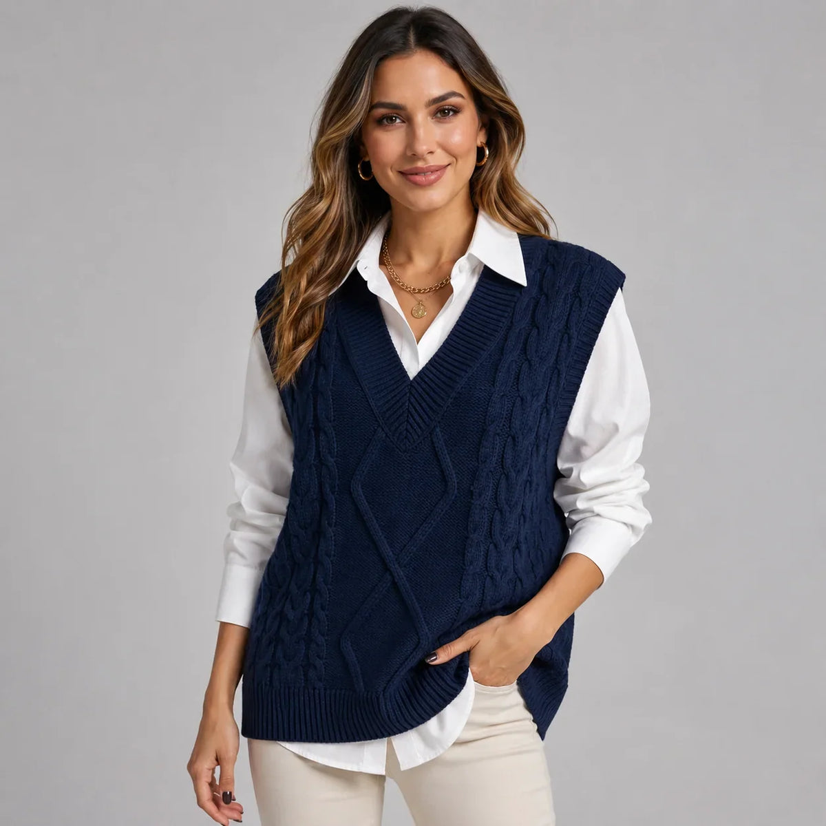 Mira Women’s Sweater Vest featuring a ribbed knit V-neck design and a stylish sleeveless cut, perfect for layering in any season. 6