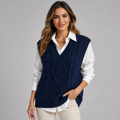 Mira Women’s Sweater Vest featuring a ribbed knit V-neck design and a stylish sleeveless cut, perfect for layering in any season. 6