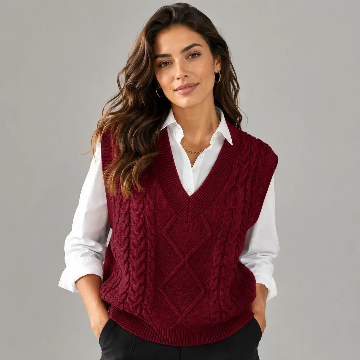 Mira Women’s Sweater Vest featuring a ribbed knit V-neck design and a stylish sleeveless cut, perfect for layering in any season. 7