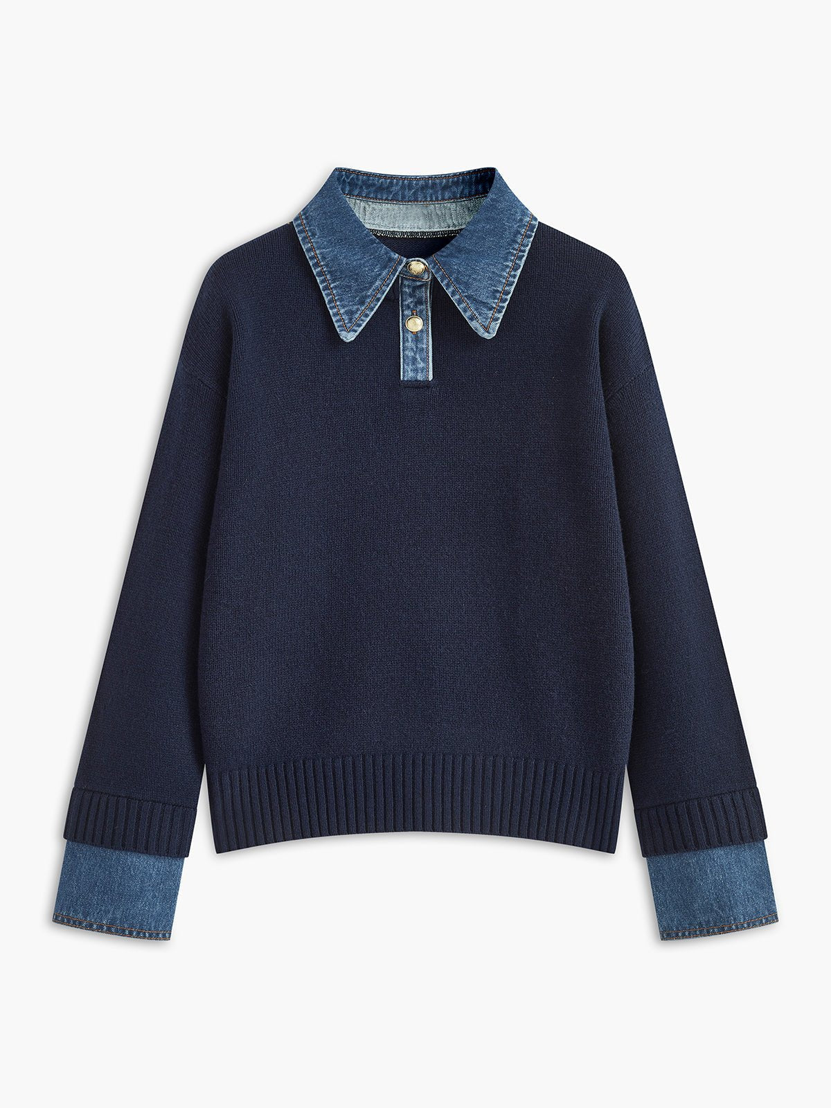 Mira Women's Sweater | Denim Collar Contrast, Gold-Tone Buttons 0