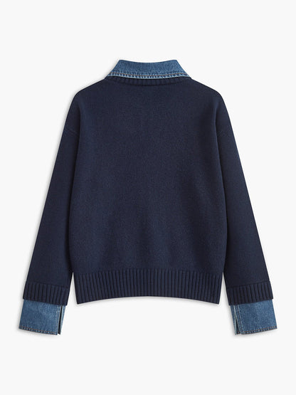Mira Women's Sweater | Denim Collar Contrast, Gold-Tone Buttons 2