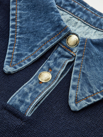 Mira Women's Sweater | Denim Collar Contrast, Gold-Tone Buttons 3