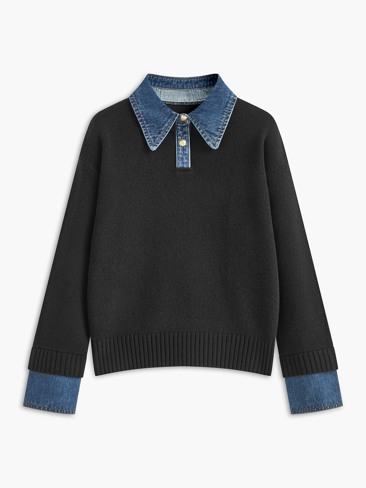 Mira Women's Sweater | Denim Collar Contrast, Gold-Tone Buttons 5