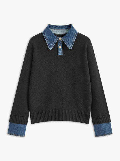 Mira Women's Sweater | Denim Collar Contrast, Gold-Tone Buttons 5