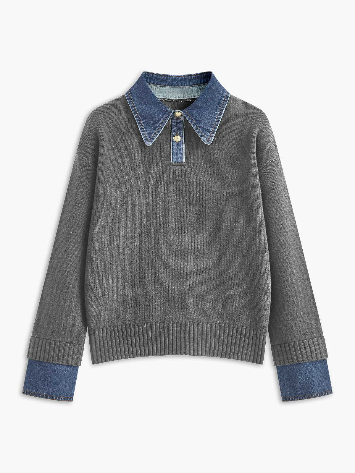 Mira Women's Sweater | Denim Collar Contrast, Gold-Tone Buttons 6