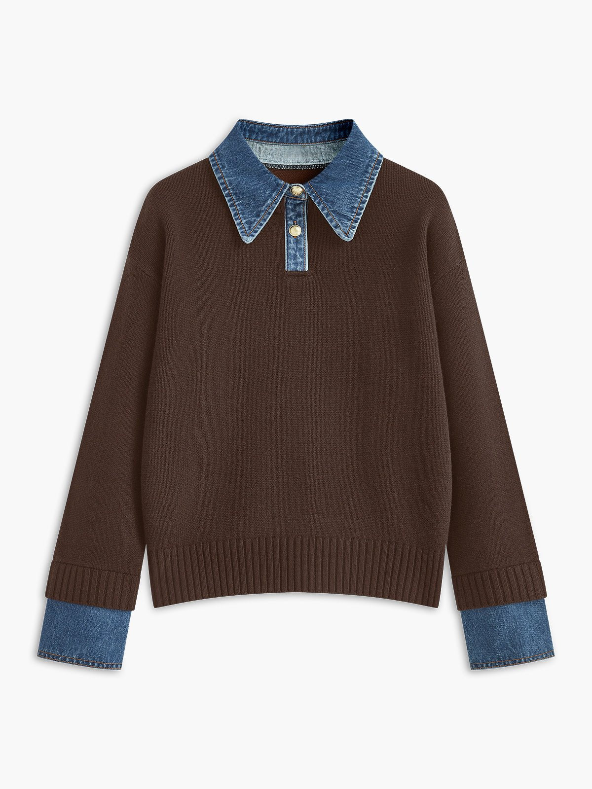 Mira Women's Sweater | Denim Collar Contrast, Gold-Tone Buttons 7