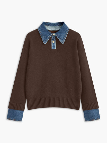 Mira Women's Sweater | Denim Collar Contrast, Gold-Tone Buttons 7