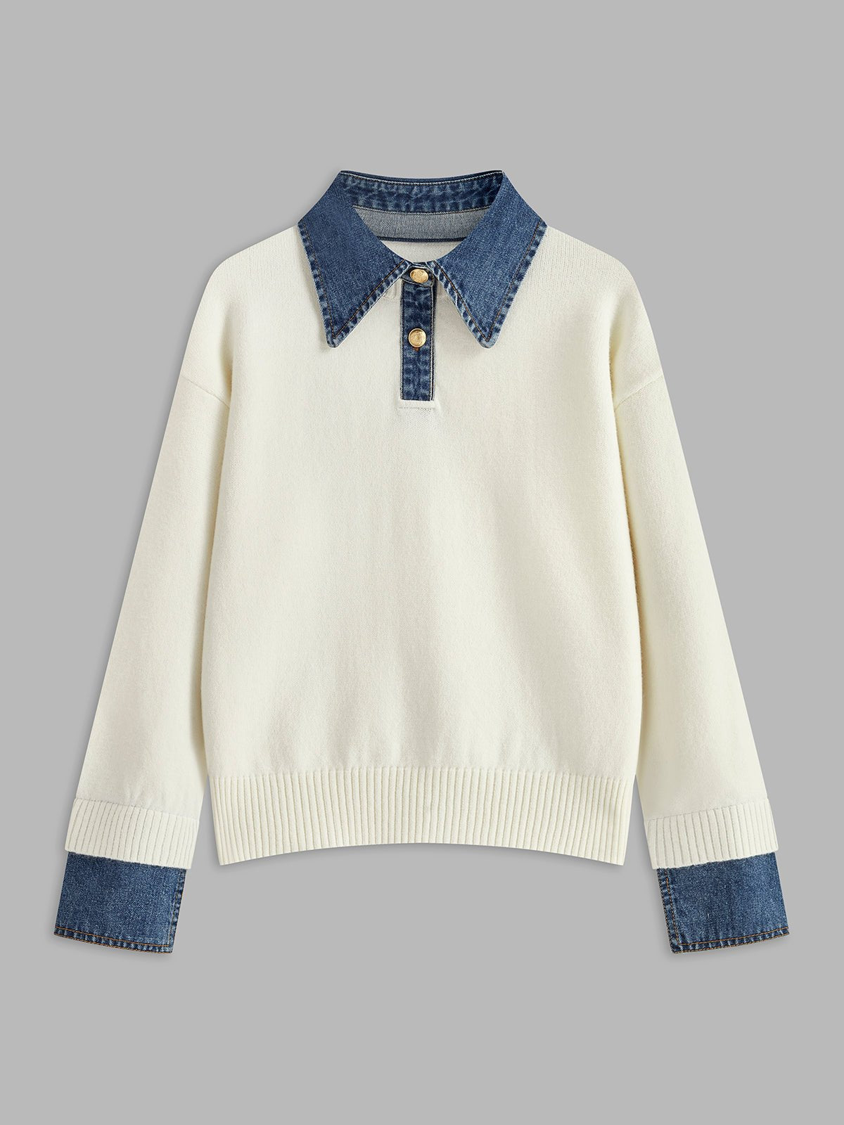 Mira Women's Sweater | Denim Collar Contrast, Gold-Tone Buttons 9