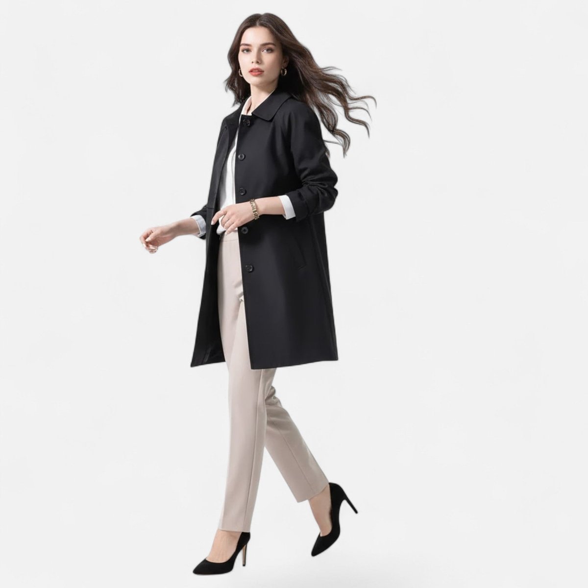 Mira Women's Trench Coat | Wool-Blend Mid-Length, Double-Breasted 1