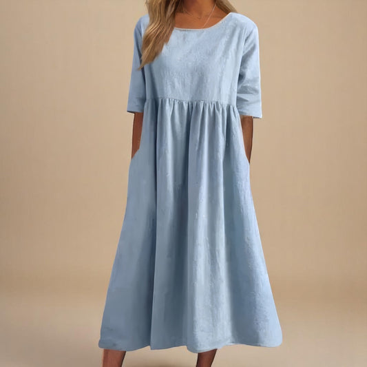 Miranda Women’s Dress with Mid Sleeves, Round Neckline, and Side Pockets 0
