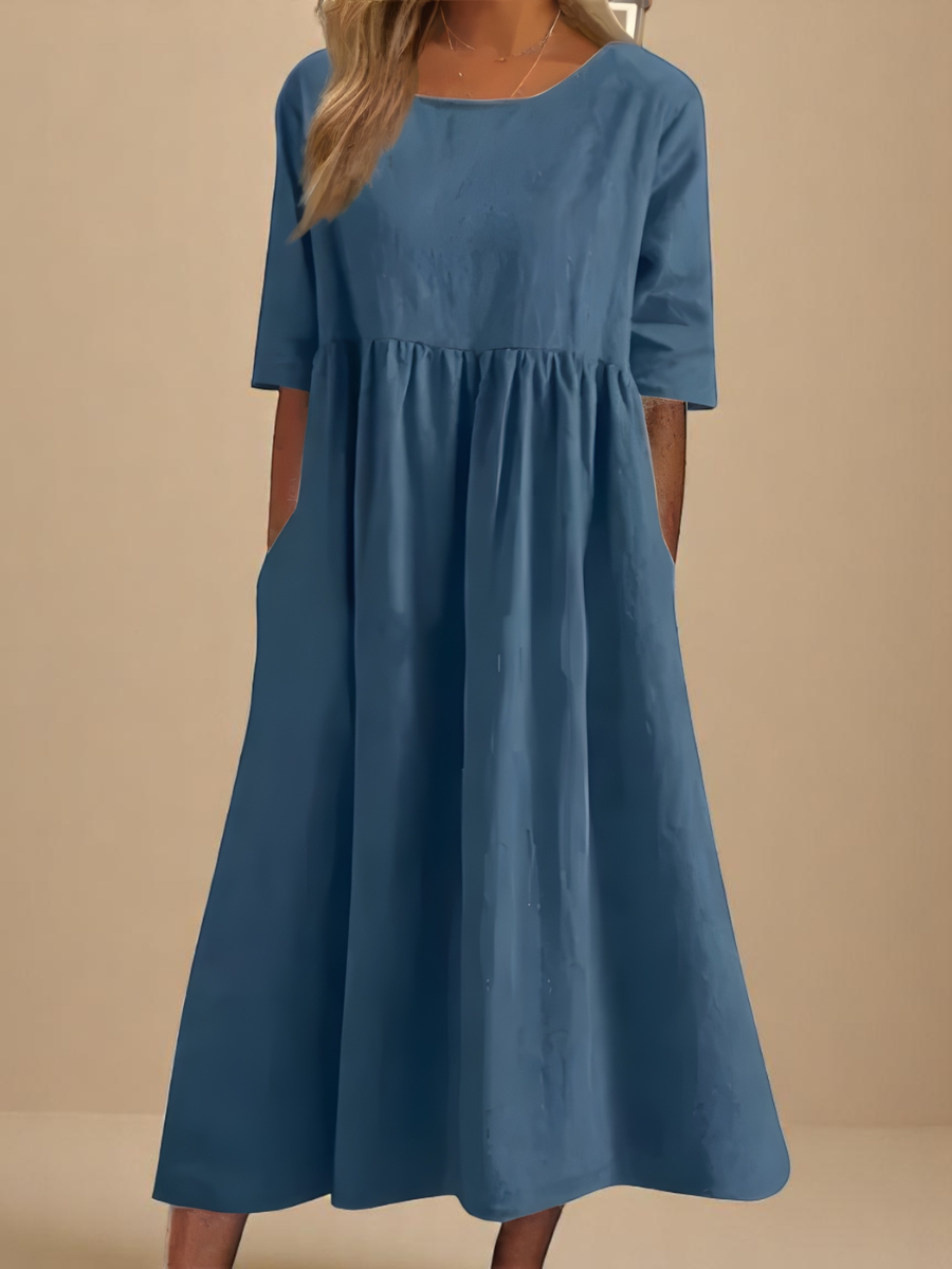 Miranda Women’s Dress with Mid Sleeves, Round Neckline, and Side Pockets 1