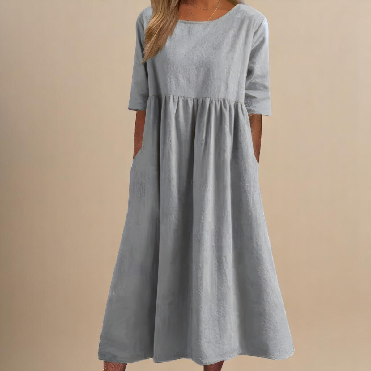 Miranda Women’s Dress with Mid Sleeves, Round Neckline, and Side Pockets 6
