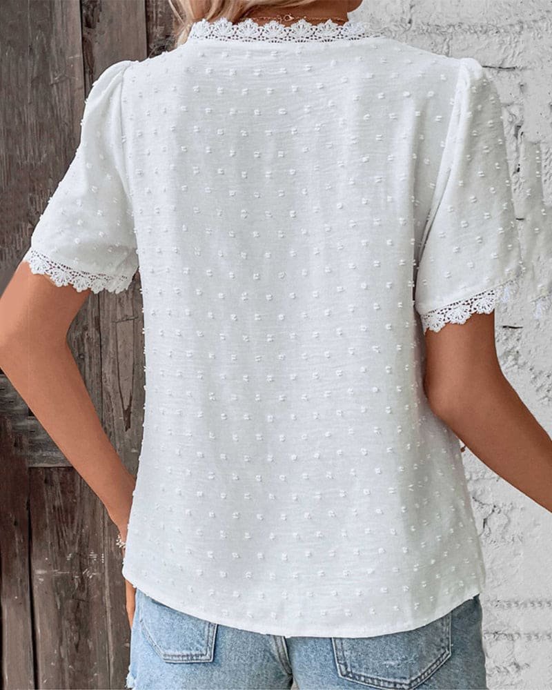 Misty Women’s Blouse with V-Neck Lace and Puff Sleeves in Swiss Dot Fabric 5