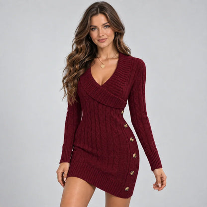 Montarello Women’s Jumper Dress featuring a stylish cable knit design and decorative buttons, perfect for cozy and fashionable fall outfits. 3