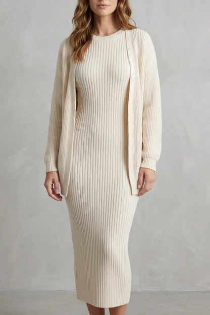 Montarello Women’s Knit Dress and Cardigan Set featuring ribbed texture and a flattering slim fit, ideal for stylish casual wear. 0
