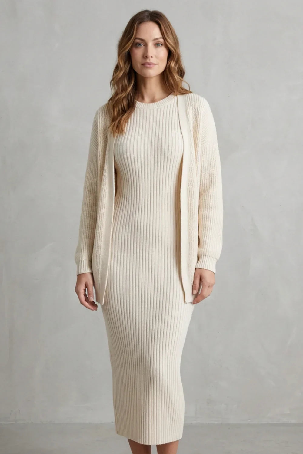 Montarello Women’s Knit Dress and Cardigan Set featuring ribbed texture and a flattering slim fit, ideal for stylish casual wear. 1