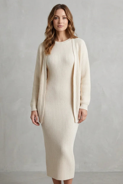 Montarello Women’s Knit Dress and Cardigan Set featuring ribbed texture and a flattering slim fit, ideal for stylish casual wear. 1