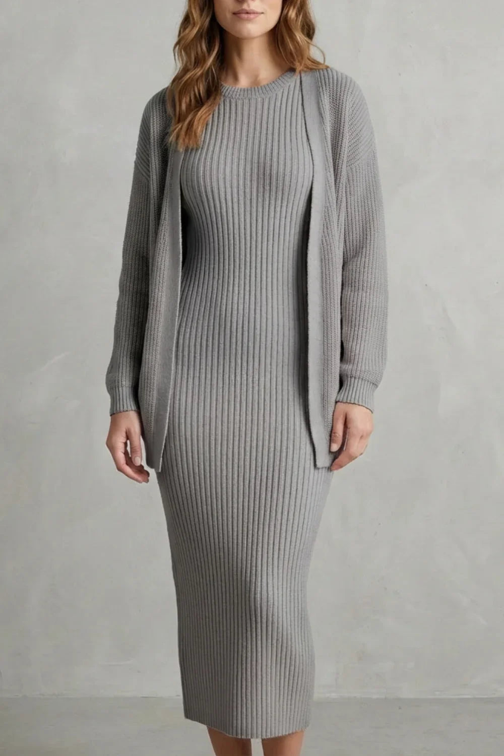 Montarello Women’s Knit Dress and Cardigan Set featuring ribbed texture and a flattering slim fit, ideal for stylish casual wear. 10