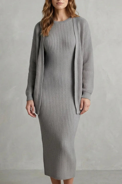 Montarello Women’s Knit Dress and Cardigan Set featuring ribbed texture and a flattering slim fit, ideal for stylish casual wear. 10