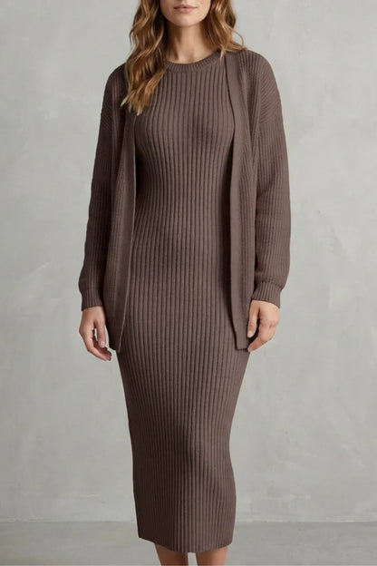 Montarello Women’s Knit Dress and Cardigan Set featuring ribbed texture and a flattering slim fit, ideal for stylish casual wear. 11