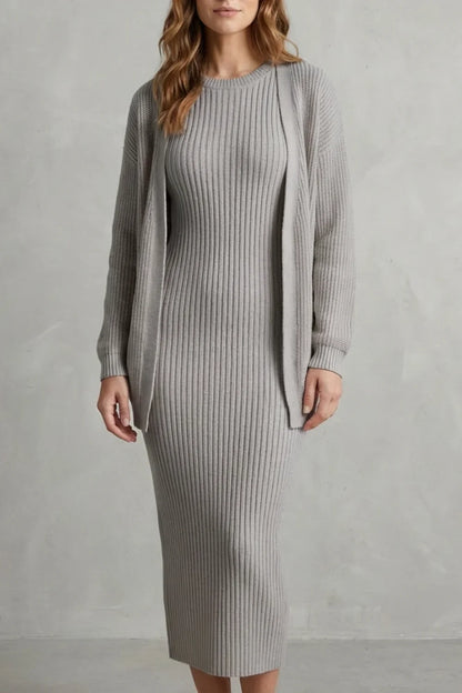 Montarello Women’s Knit Dress and Cardigan Set featuring ribbed texture and a flattering slim fit, ideal for stylish casual wear. 12