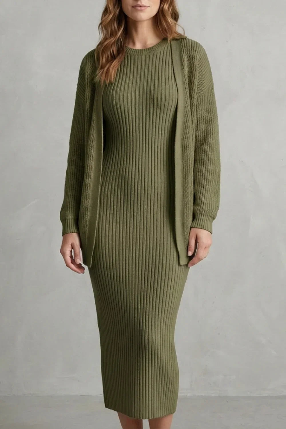 Montarello Women’s Knit Dress and Cardigan Set featuring ribbed texture and a flattering slim fit, ideal for stylish casual wear. 14
