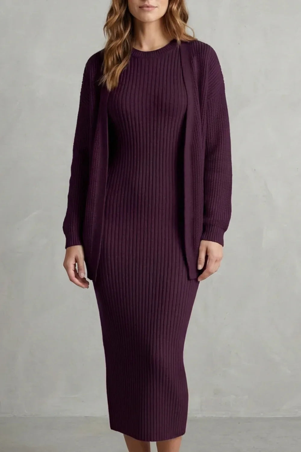 Montarello Women’s Knit Dress and Cardigan Set featuring ribbed texture and a flattering slim fit, ideal for stylish casual wear. 15