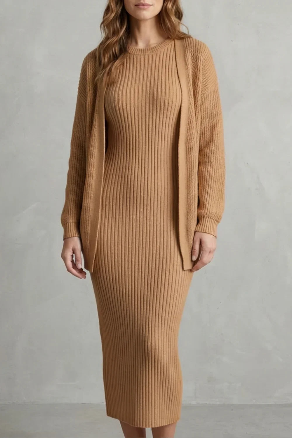Montarello Women’s Knit Dress and Cardigan Set featuring ribbed texture and a flattering slim fit, ideal for stylish casual wear. 16