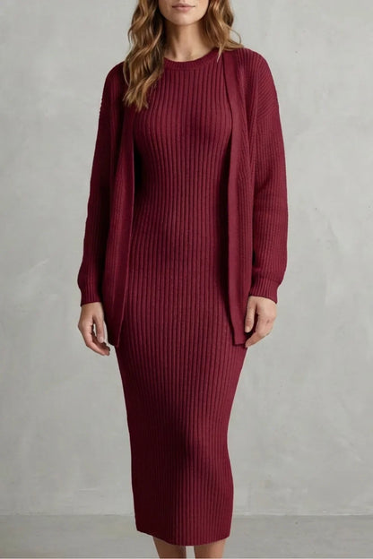 Montarello Women’s Knit Dress and Cardigan Set featuring ribbed texture and a flattering slim fit, ideal for stylish casual wear. 17
