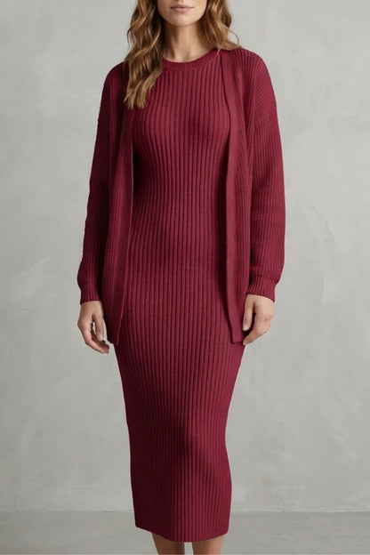 Montarello Women’s Knit Dress and Cardigan Set featuring ribbed texture and a flattering slim fit, ideal for stylish casual wear. 18