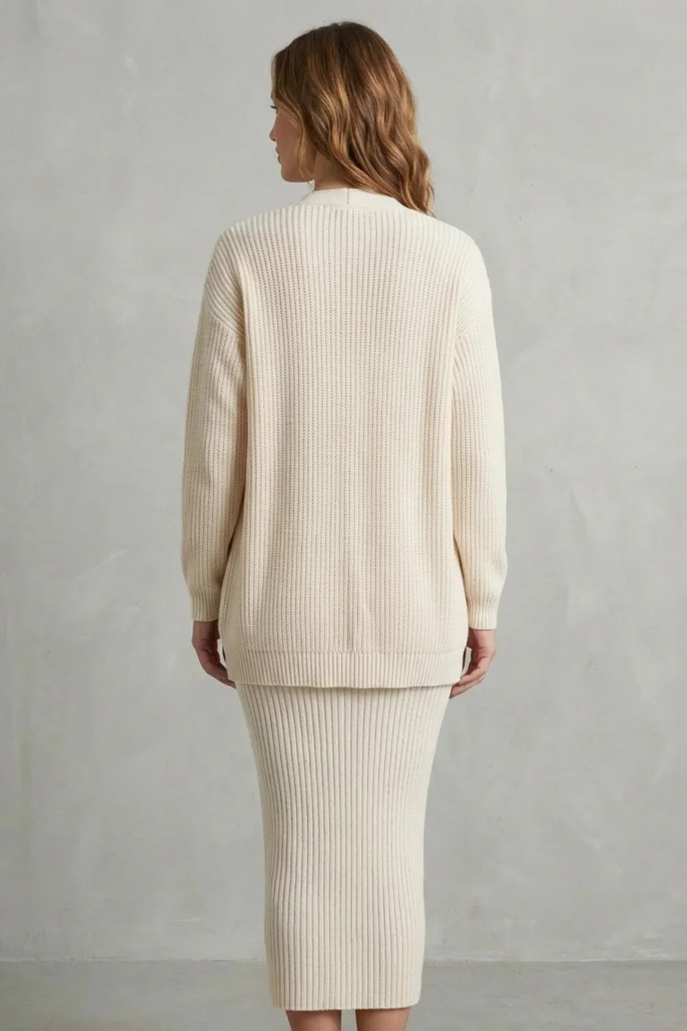 Montarello Women’s Knit Dress and Cardigan Set featuring ribbed texture and a flattering slim fit, ideal for stylish casual wear. 2