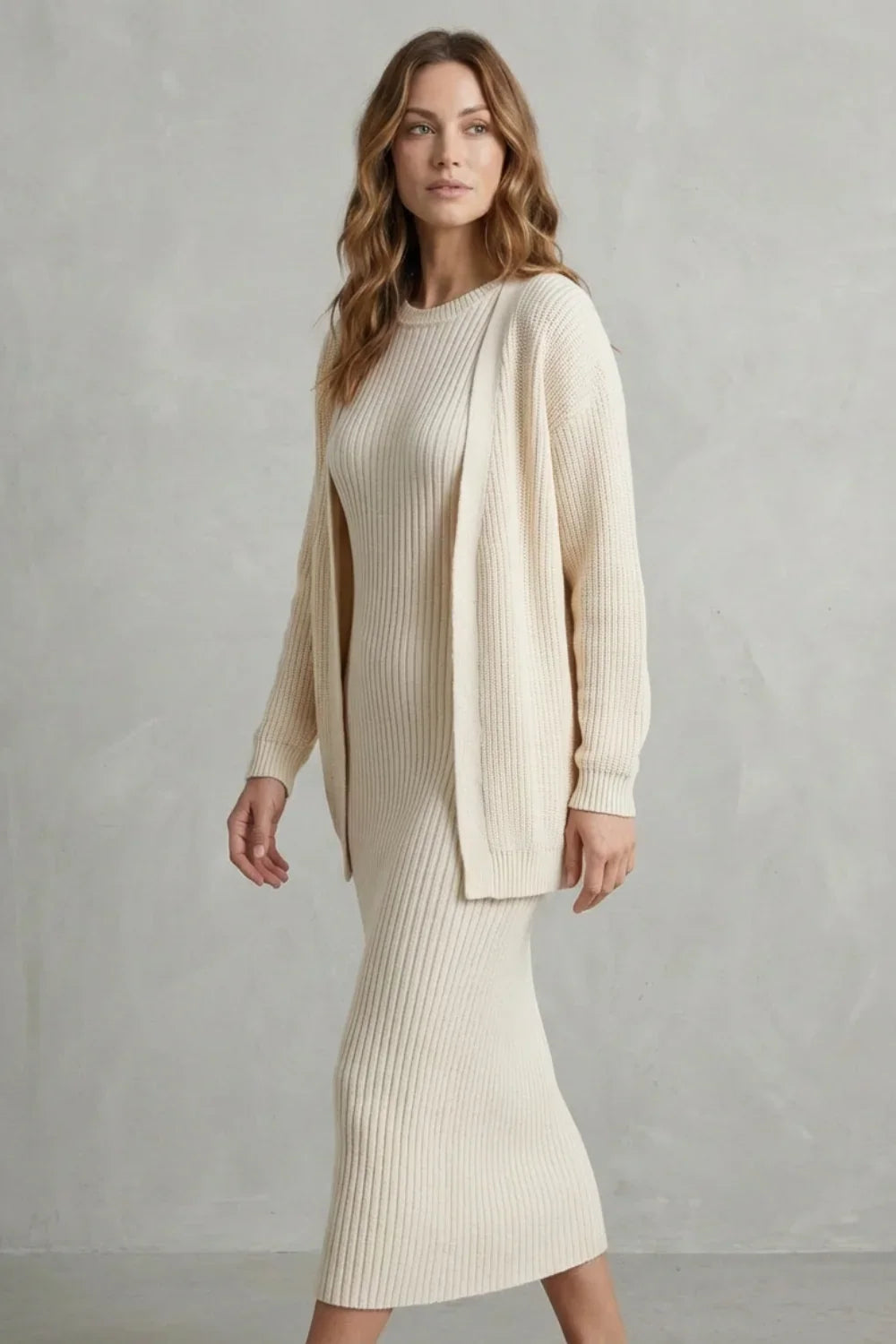 Montarello Women’s Knit Dress and Cardigan Set featuring ribbed texture and a flattering slim fit, ideal for stylish casual wear. 3