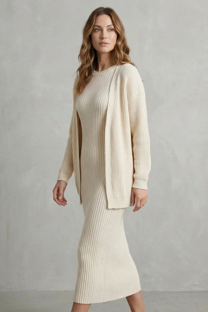 Montarello Women’s Knit Dress and Cardigan Set featuring ribbed texture and a flattering slim fit, ideal for stylish casual wear. 3