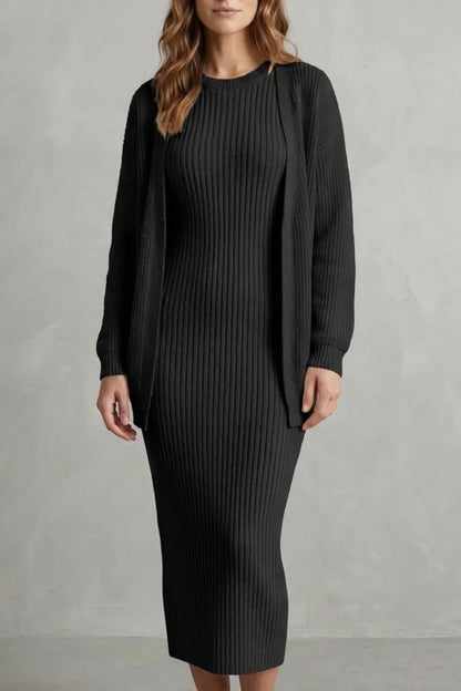Montarello Women’s Knit Dress and Cardigan Set featuring ribbed texture and a flattering slim fit, ideal for stylish casual wear. 4