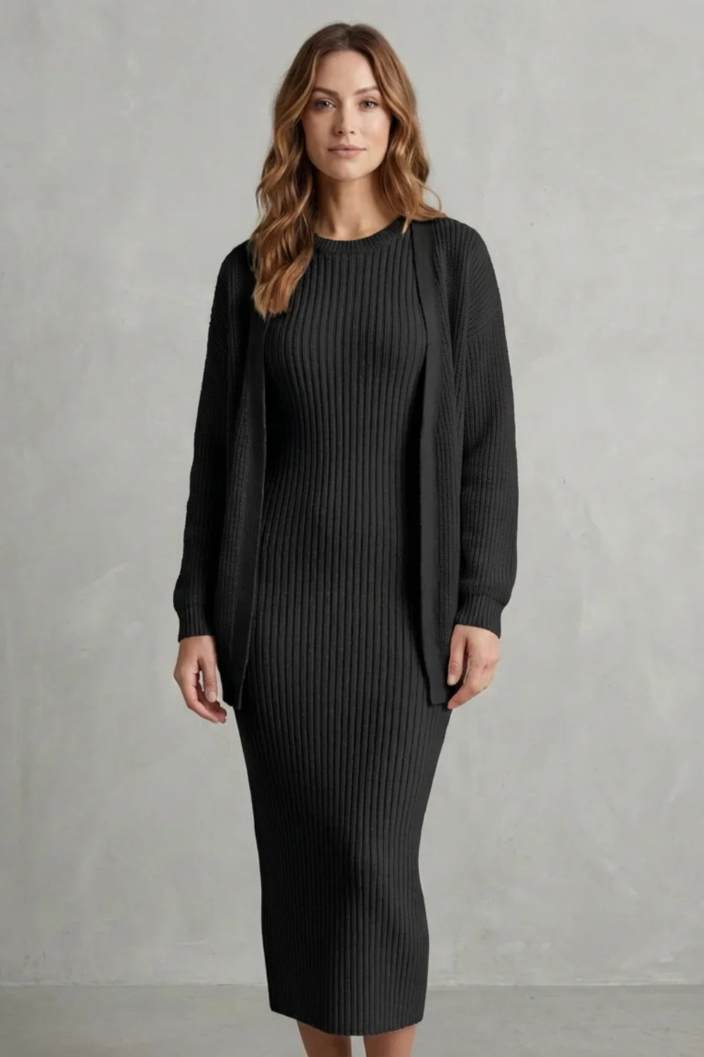 Montarello Women’s Knit Dress and Cardigan Set featuring ribbed texture and a flattering slim fit, ideal for stylish casual wear. 5