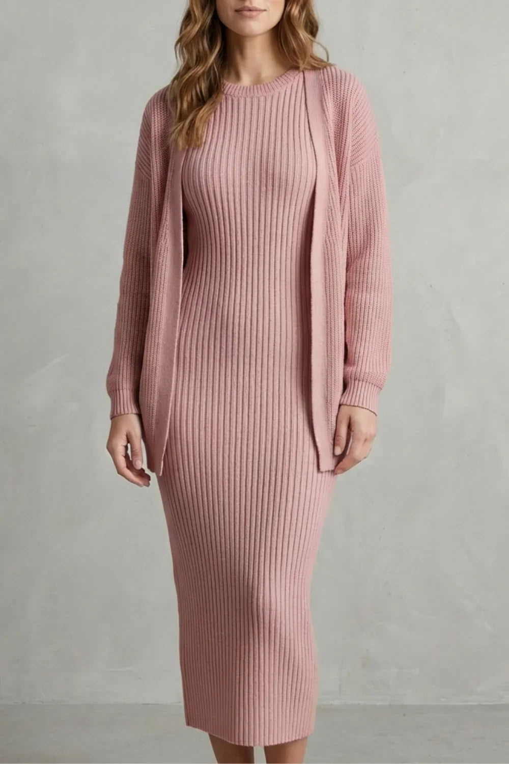 Montarello Women’s Knit Dress and Cardigan Set featuring ribbed texture and a flattering slim fit, ideal for stylish casual wear. 6