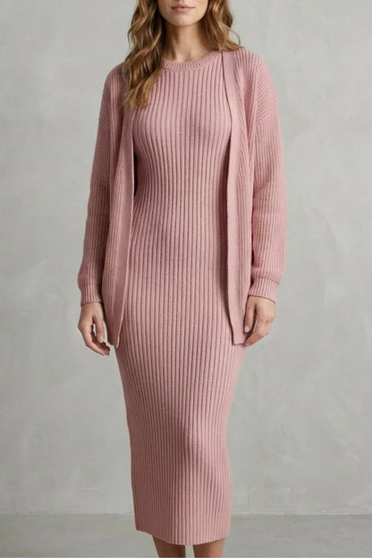 Montarello Women’s Knit Dress and Cardigan Set featuring ribbed texture and a flattering slim fit, ideal for stylish casual wear. 6