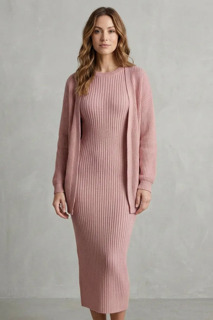 Montarello Women’s Knit Dress and Cardigan Set featuring ribbed texture and a flattering slim fit, ideal for stylish casual wear. 7
