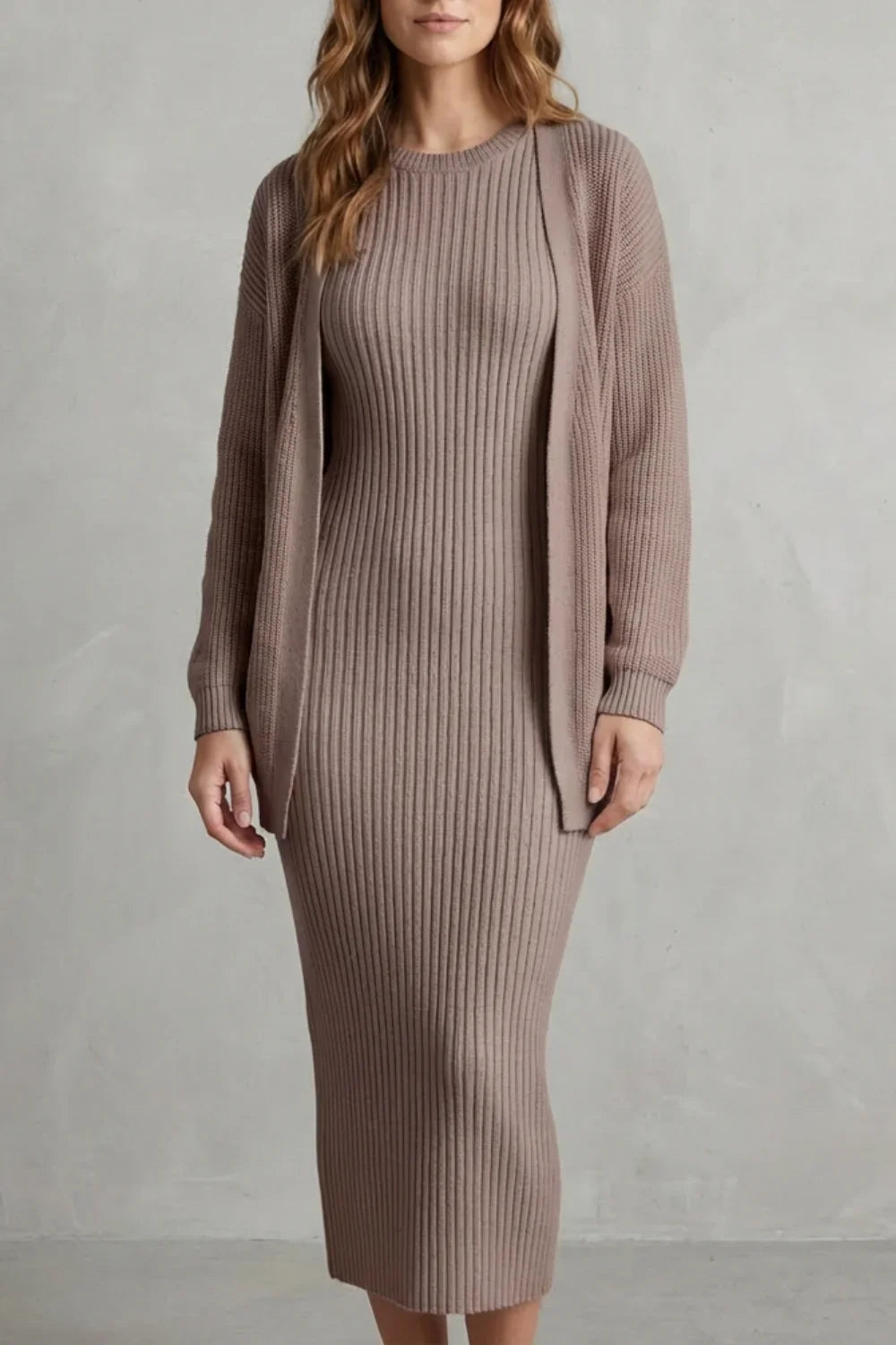 Montarello Women’s Knit Dress and Cardigan Set featuring ribbed texture and a flattering slim fit, ideal for stylish casual wear. 8