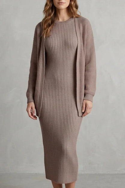 Montarello Women’s Knit Dress and Cardigan Set featuring ribbed texture and a flattering slim fit, ideal for stylish casual wear. 8