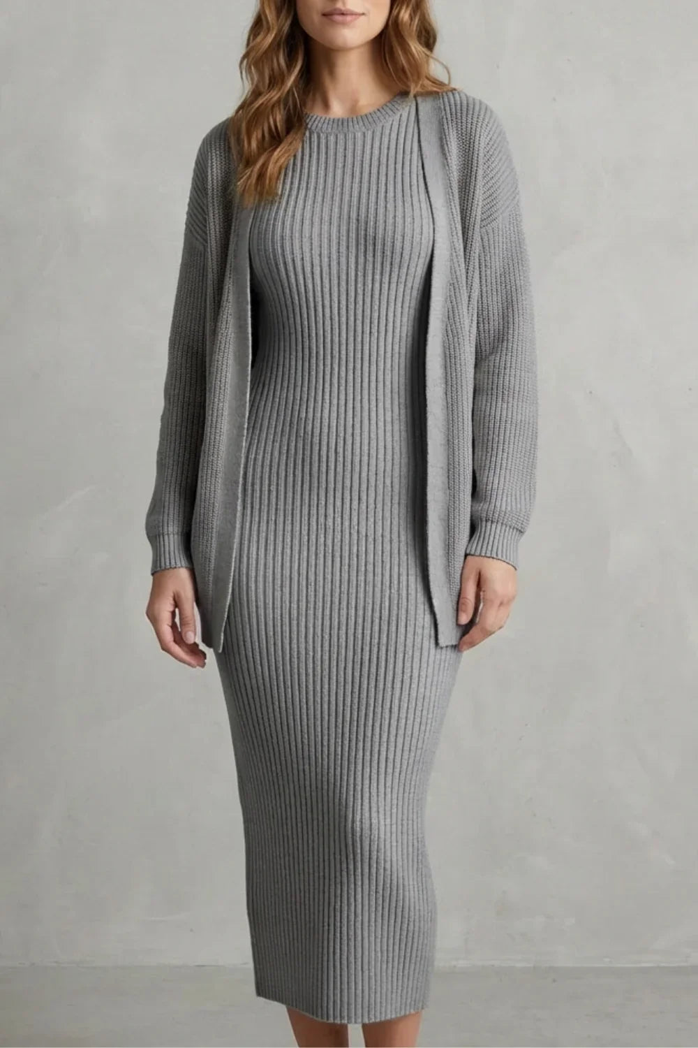 Montarello Women’s Knit Dress and Cardigan Set featuring ribbed texture and a flattering slim fit, ideal for stylish casual wear. 9