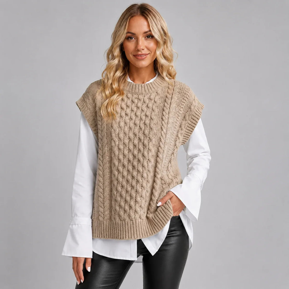 Montarello Women's Sweater Vest featuring a stylish cable knit design and a classic round neck, perfect for layering in cooler weather. 0