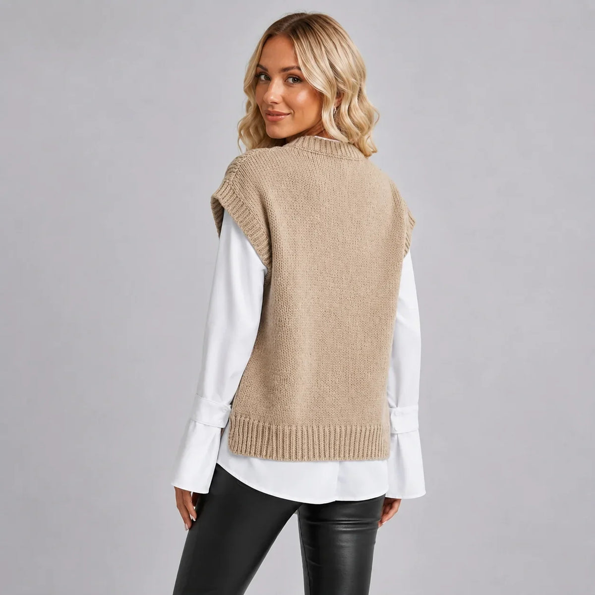 Montarello Women's Sweater Vest featuring a stylish cable knit design and a classic round neck, perfect for layering in cooler weather. 1