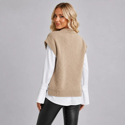 Montarello Women's Sweater Vest featuring a stylish cable knit design and a classic round neck, perfect for layering in cooler weather. 1