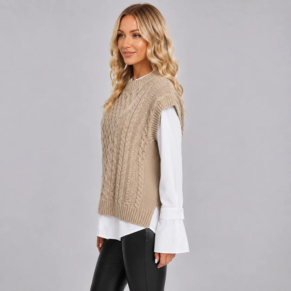 Montarello Women's Sweater Vest featuring a stylish cable knit design and a classic round neck, perfect for layering in cooler weather. 2