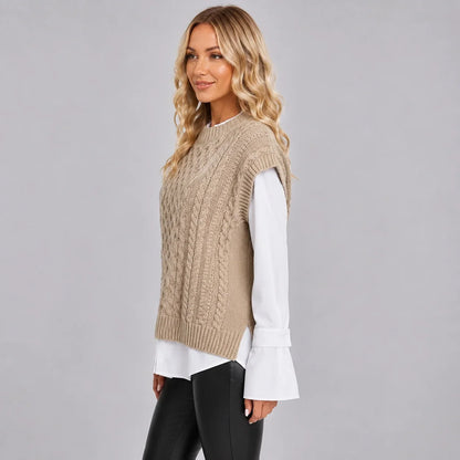 Montarello Women's Sweater Vest featuring a stylish cable knit design and a classic round neck, perfect for layering in cooler weather. 2