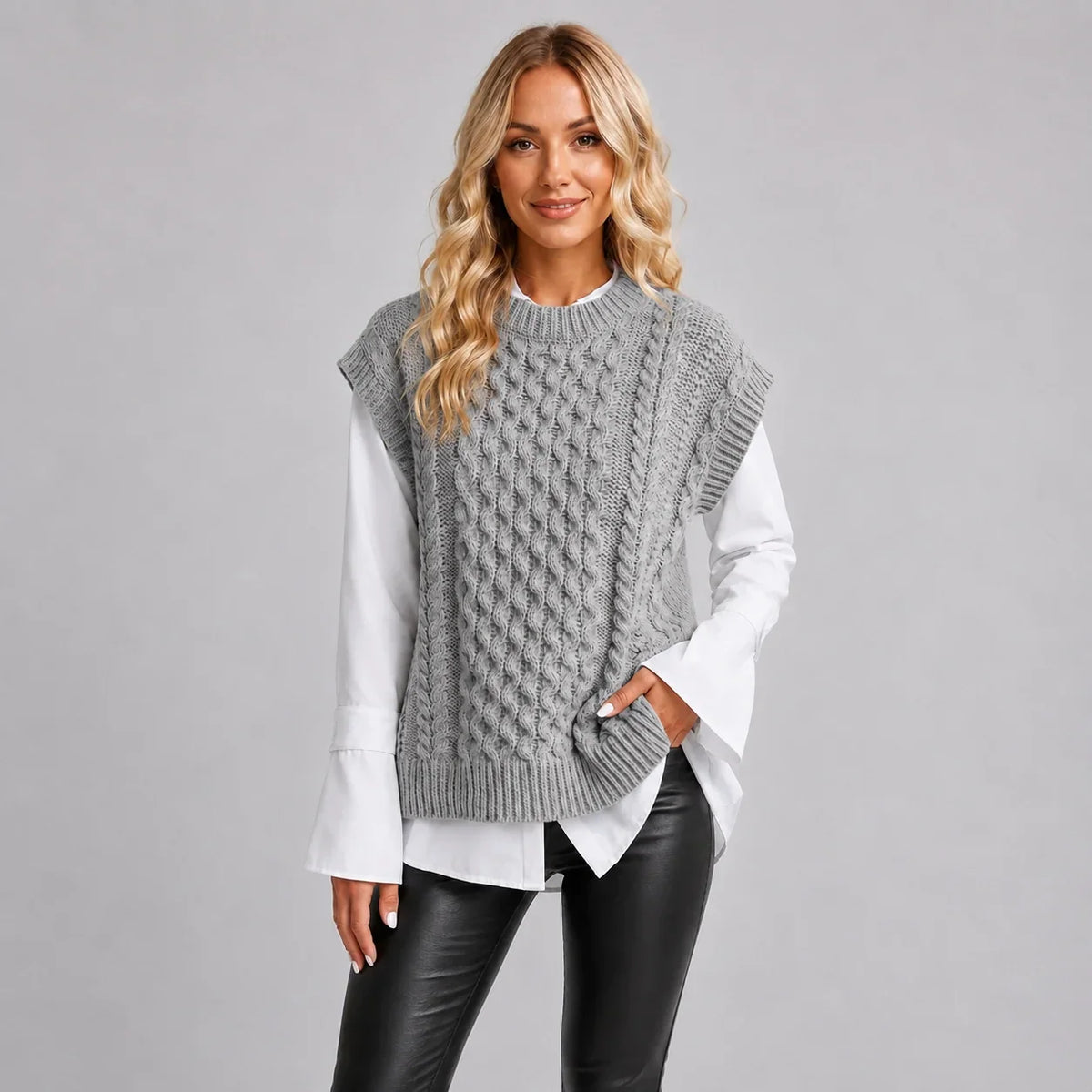 Montarello Women's Sweater Vest featuring a stylish cable knit design and a classic round neck, perfect for layering in cooler weather. 3