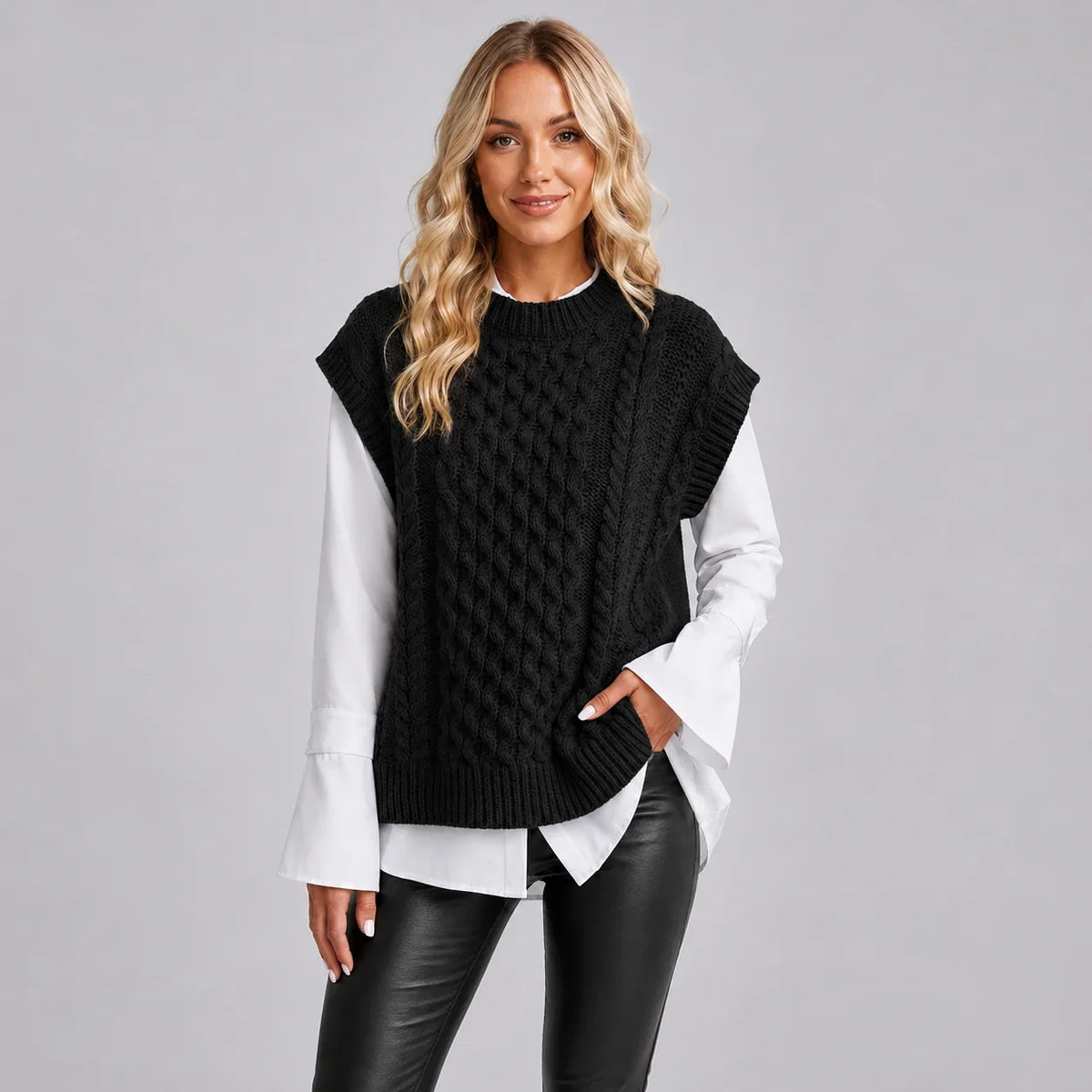 Montarello Women's Sweater Vest featuring a stylish cable knit design and a classic round neck, perfect for layering in cooler weather. 4