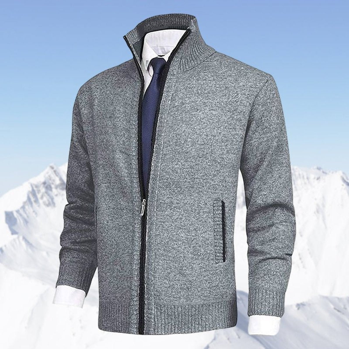 Noble Men's Zip-Up Cardigan | Fleece-Lined Knit, Stand Collar 3