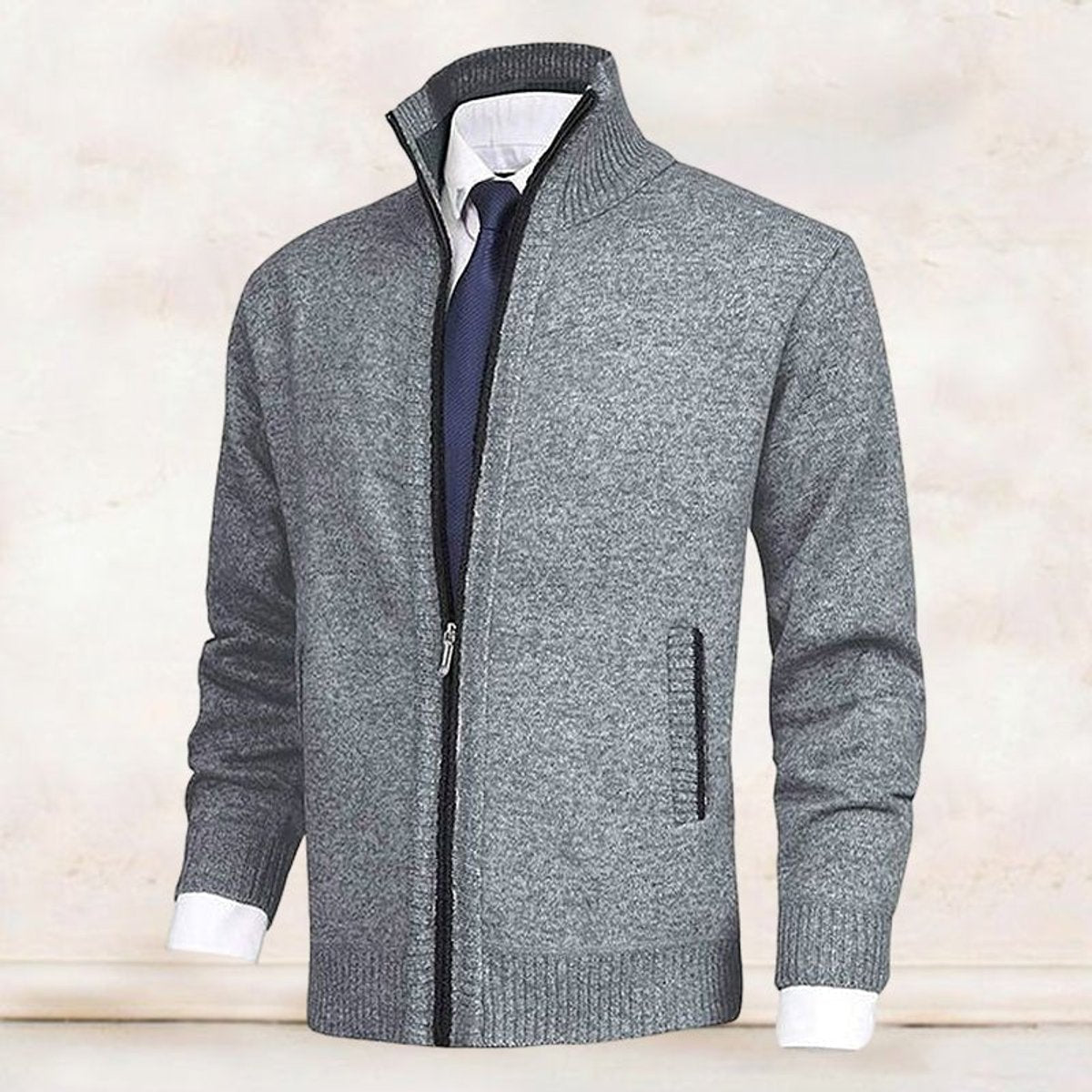 Noble Men's Zip-Up Cardigan | Fleece-Lined Knit, Stand Collar 5
